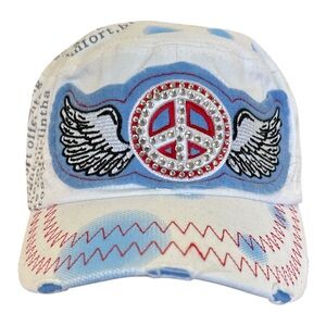 Women's White and Blue Peace Sign Hat